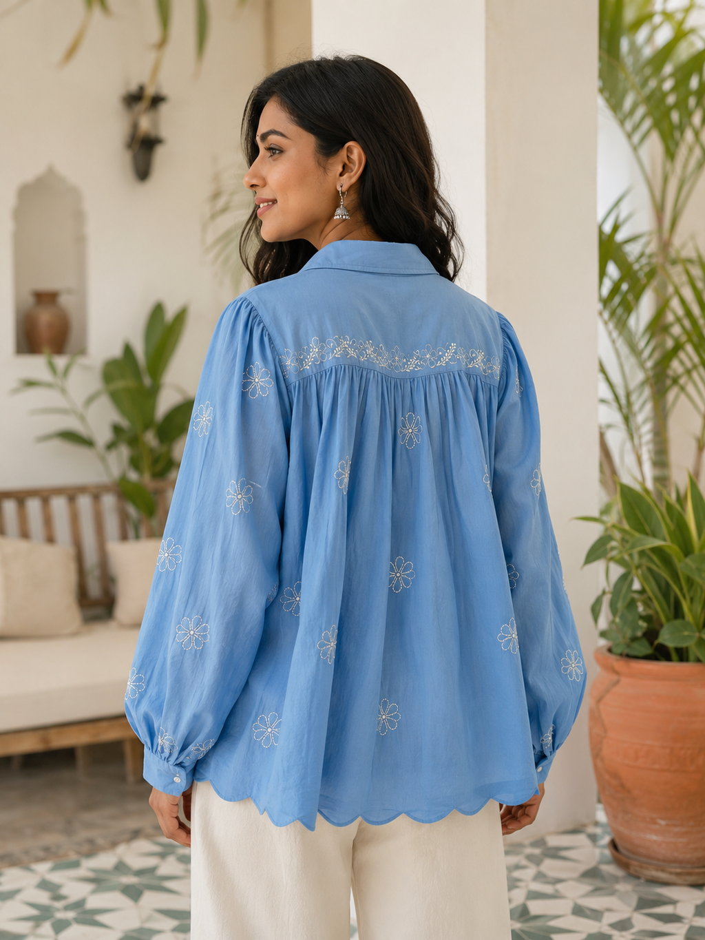 Scalloped Hem Front and Back Gathered Intricate Chikankari Cotton Shirt