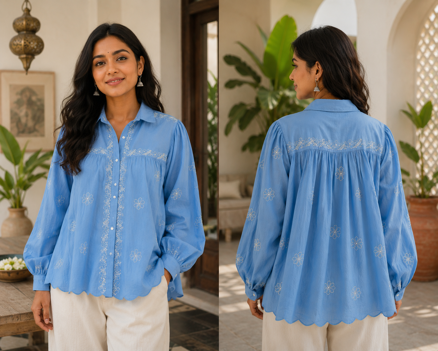 Scalloped Hem Front and Back Gathered Intricate Chikankari Cotton Shirt